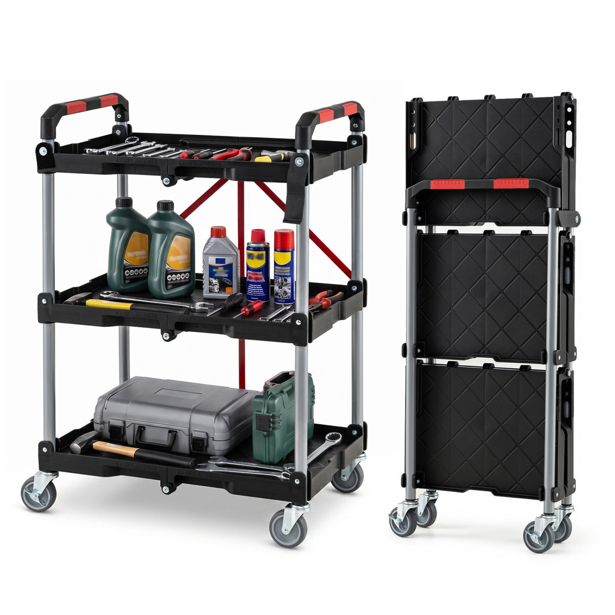 3-Tier Folding Utility Cart with Swivel Wheels and Brakes - Black
