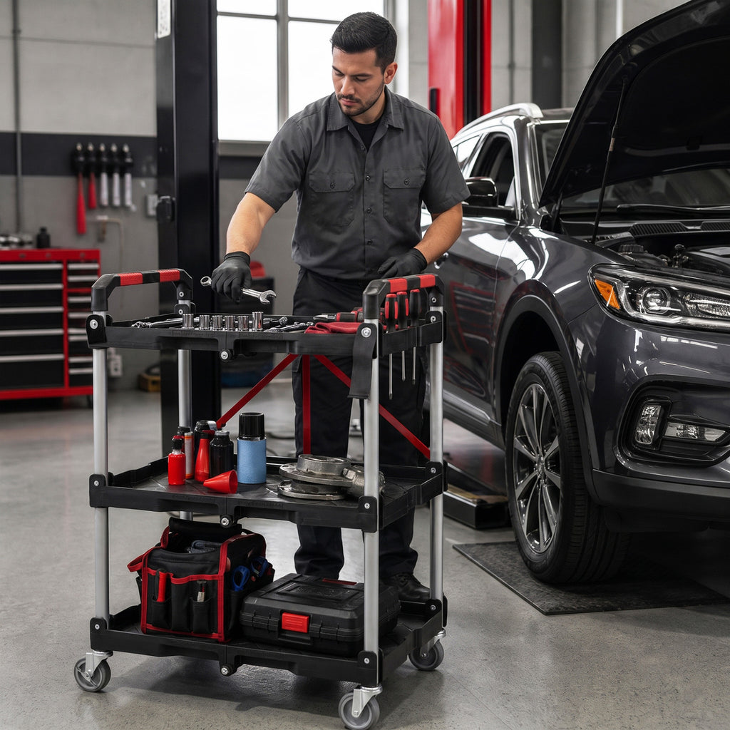 3-Tier Folding Utility Cart with Swivel Wheels and Brakes - Black
