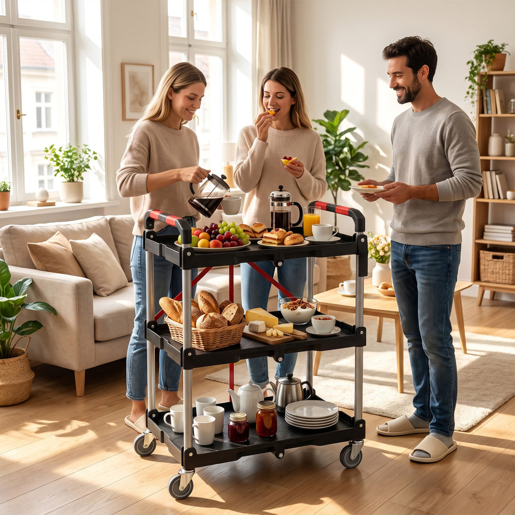 3-Tier Folding Utility Cart with Swivel Wheels and Brakes - Black
