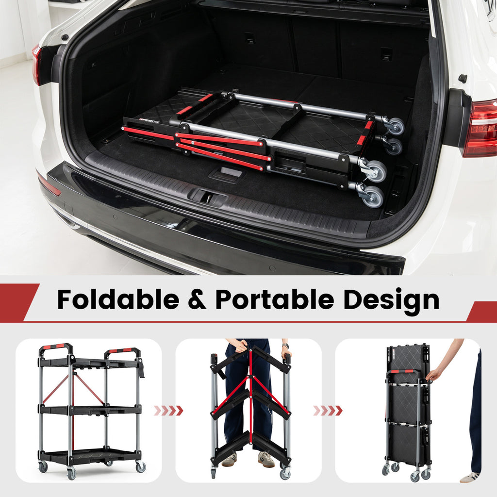 3-Tier Folding Utility Cart with Swivel Wheels and Brakes - Black