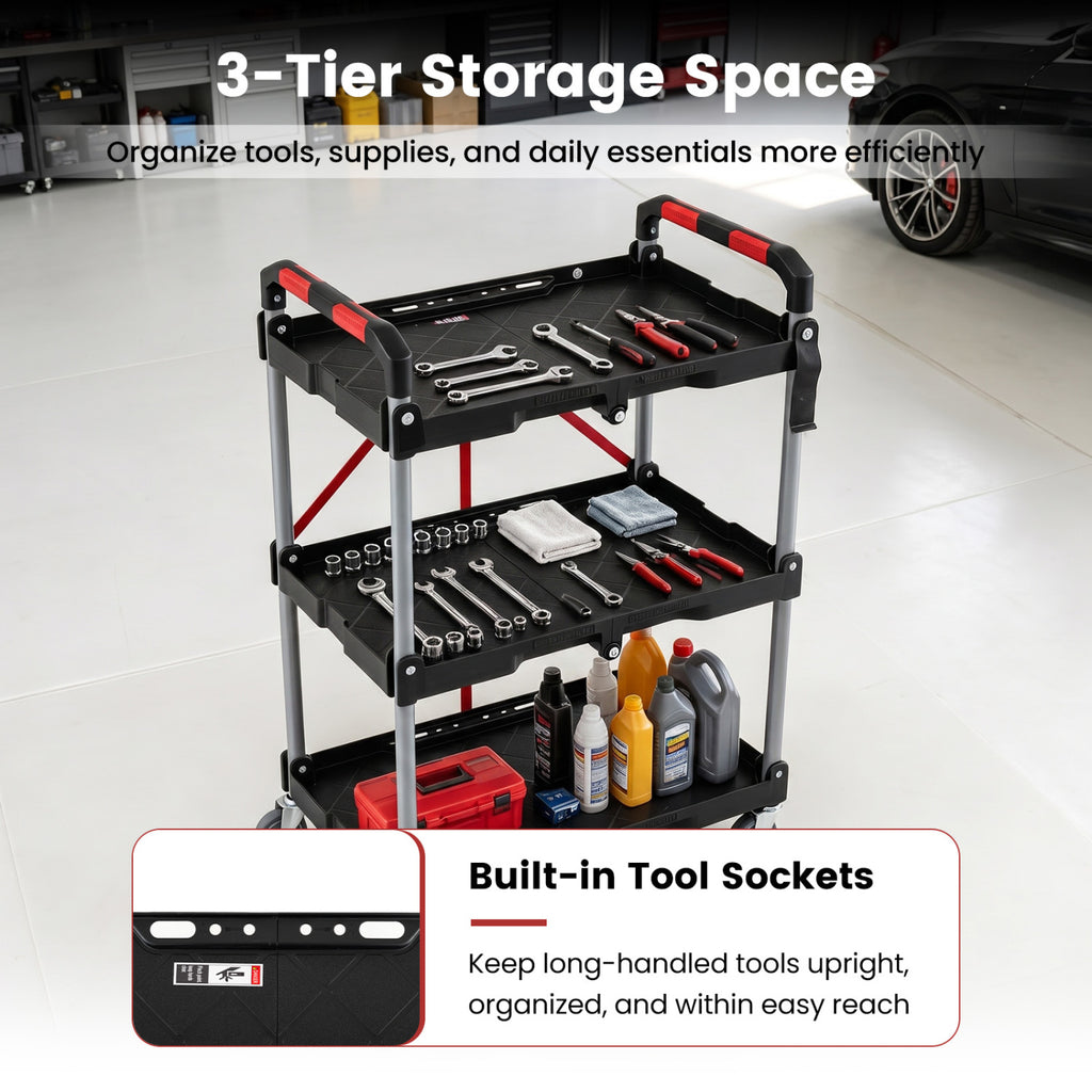 3-Tier Folding Utility Cart with Swivel Wheels and Brakes - Black
