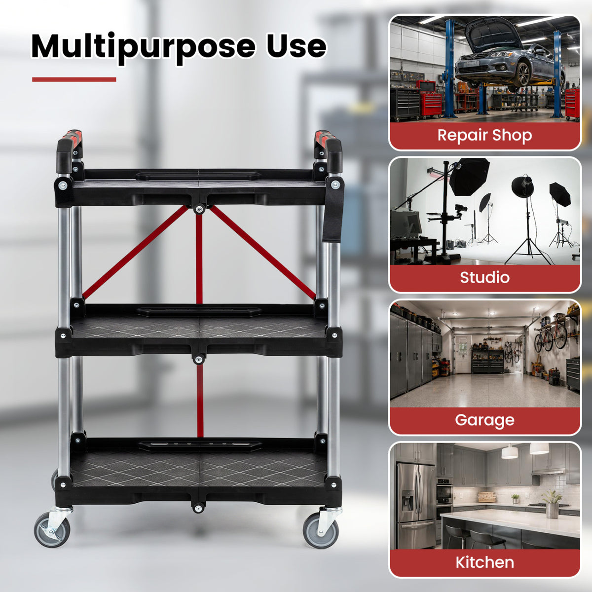 3-Tier Folding Utility Cart with Swivel Wheels and Brakes - Black