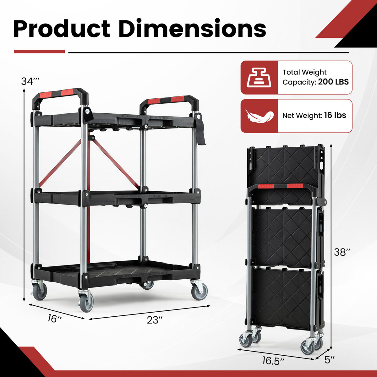 3-Tier Folding Utility Cart with Swivel Wheels and Brakes - Black