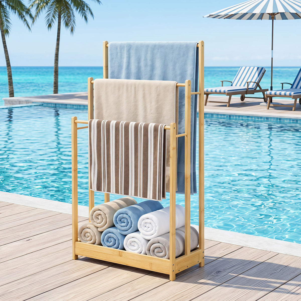 3 Tier Free Standing Bamboo Towel Rack with Storage Shelf