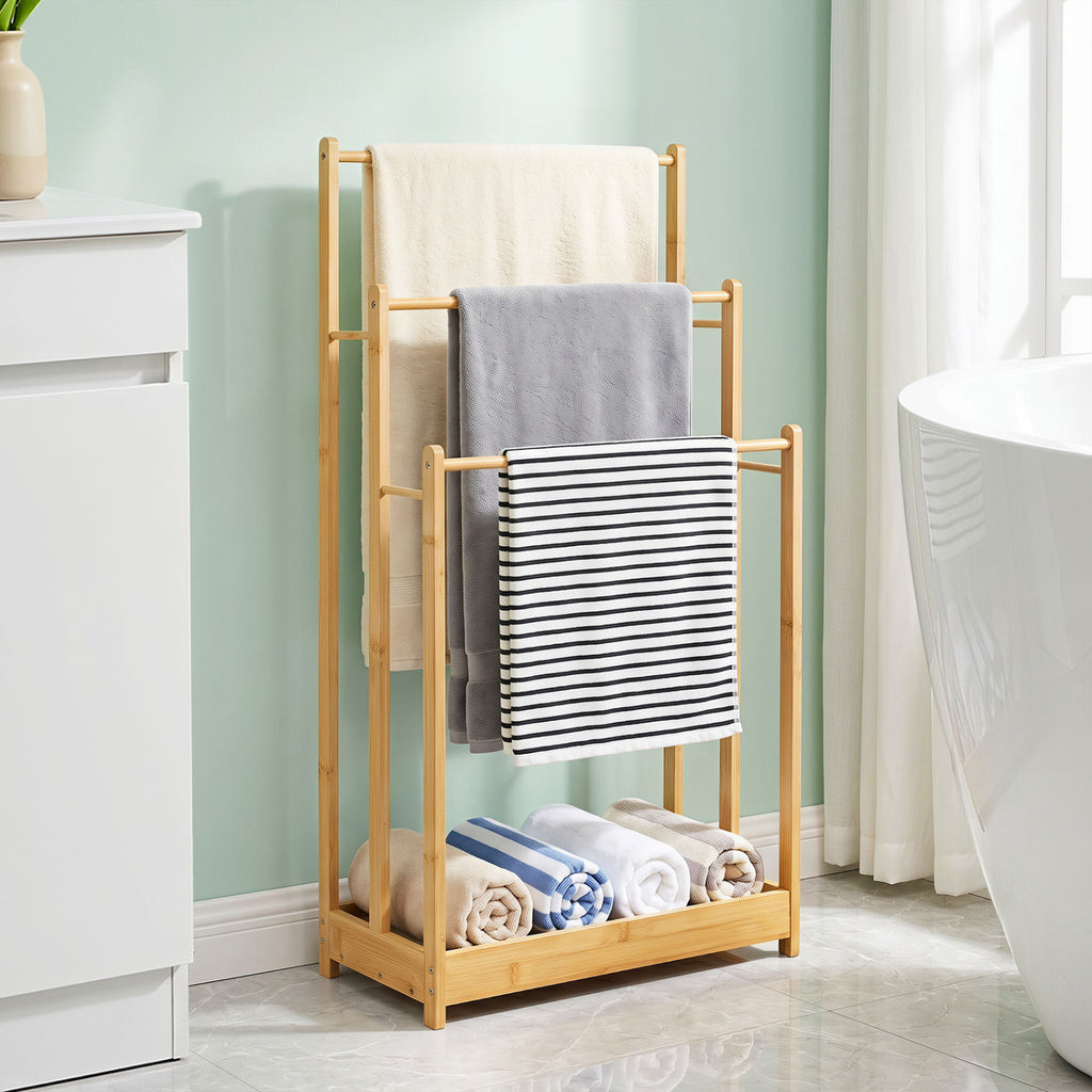 3 Tier Free Standing Bamboo Towel Rack with Storage Shelf