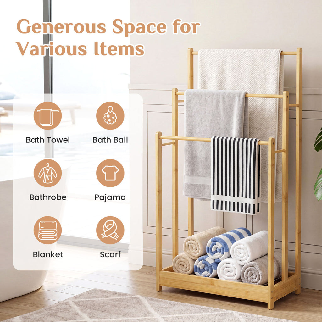 3 Tier Free Standing Bamboo Towel Rack with Storage Shelf