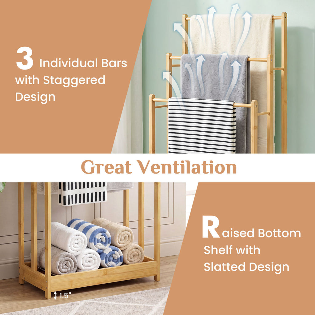 3 Tier Free Standing Bamboo Towel Rack with Storage Shelf