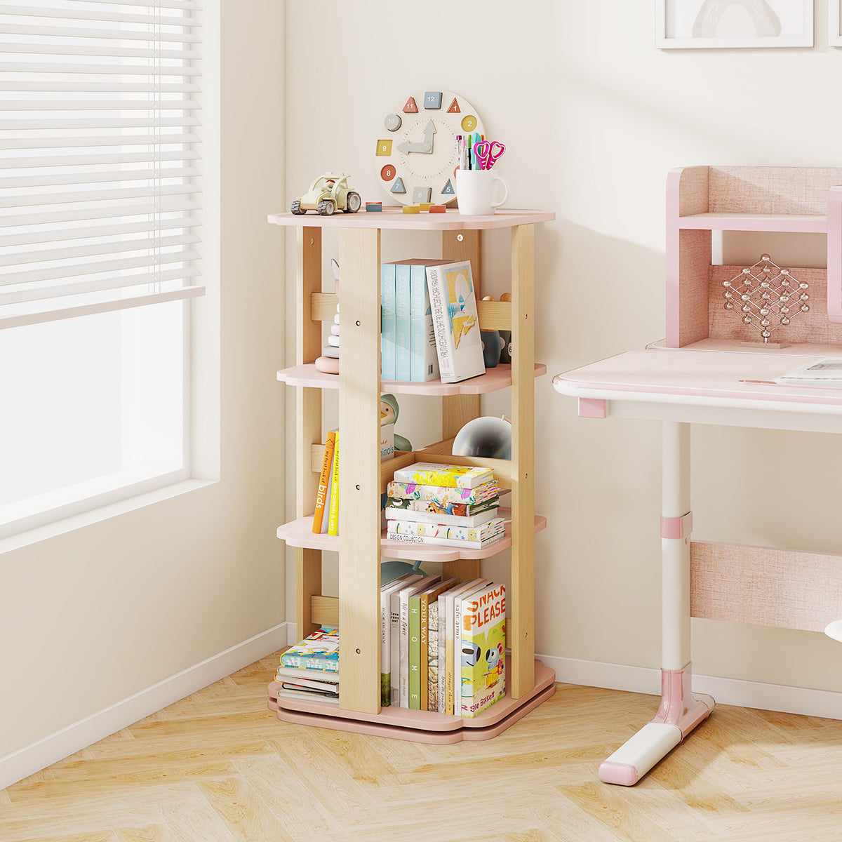 Pink 3-Tier Corner Toddler Book Rack with 12 Sectors - Rotating Storage