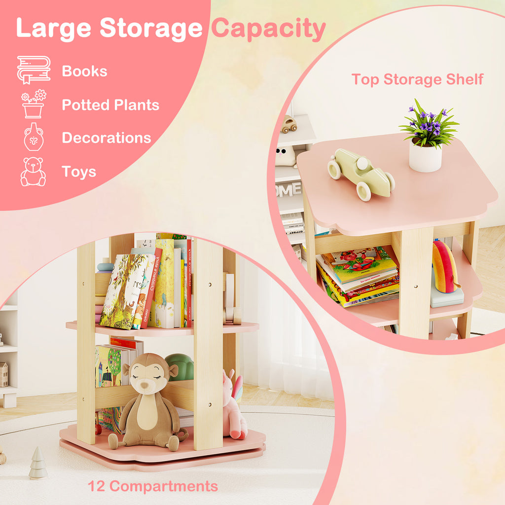 Pink 3-Tier Corner Toddler Book Rack with 12 Sectors - Rotating Storage