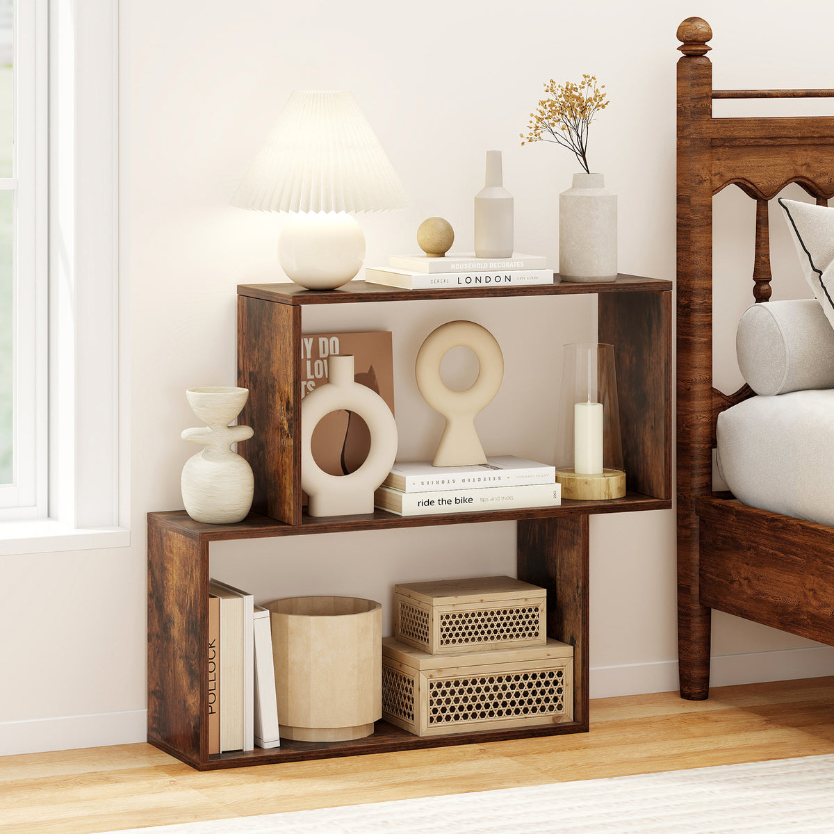 3-Tier Geometric Wooden Bookshelf - Brown