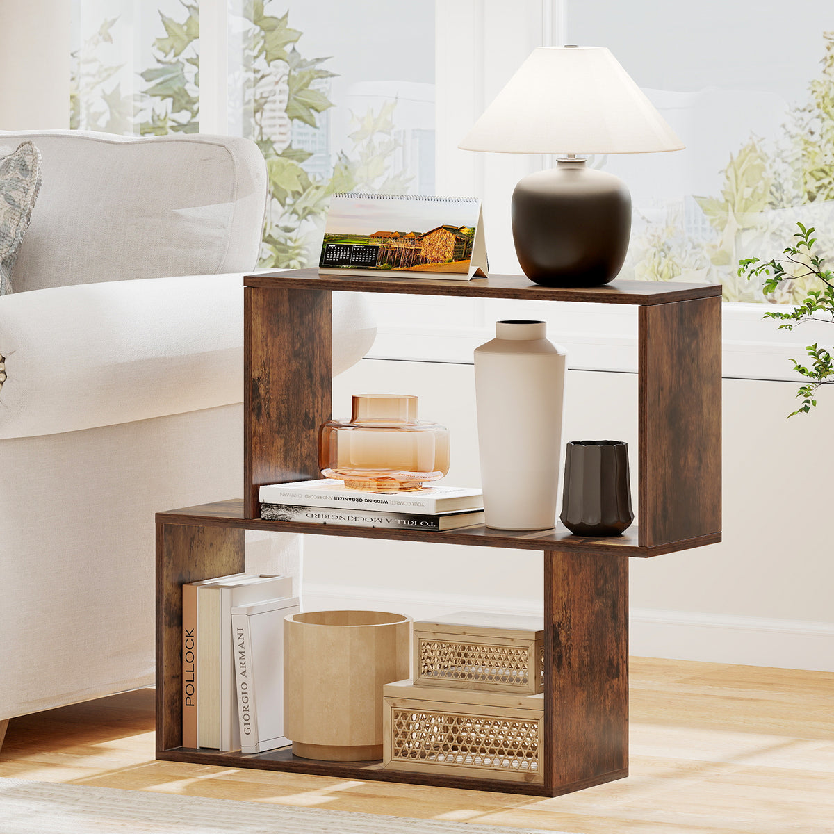 3-Tier Geometric Wooden Bookshelf - Brown