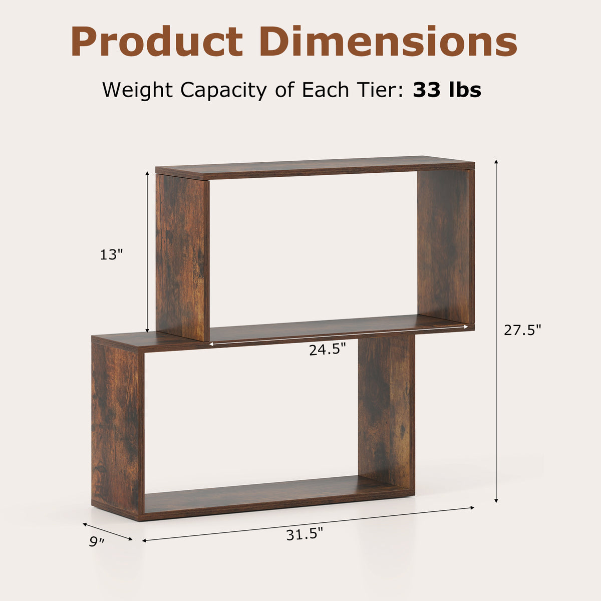 3-Tier Geometric Wooden Bookshelf - Brown