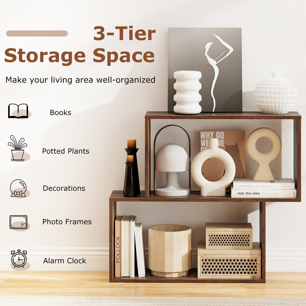 3-Tier Geometric Wooden Bookshelf - Brown
