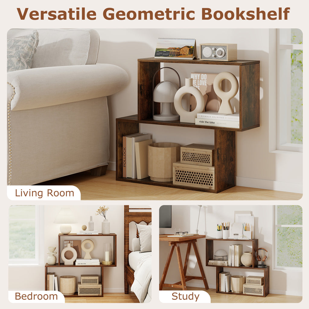 3-Tier Geometric Wooden Bookshelf - Brown