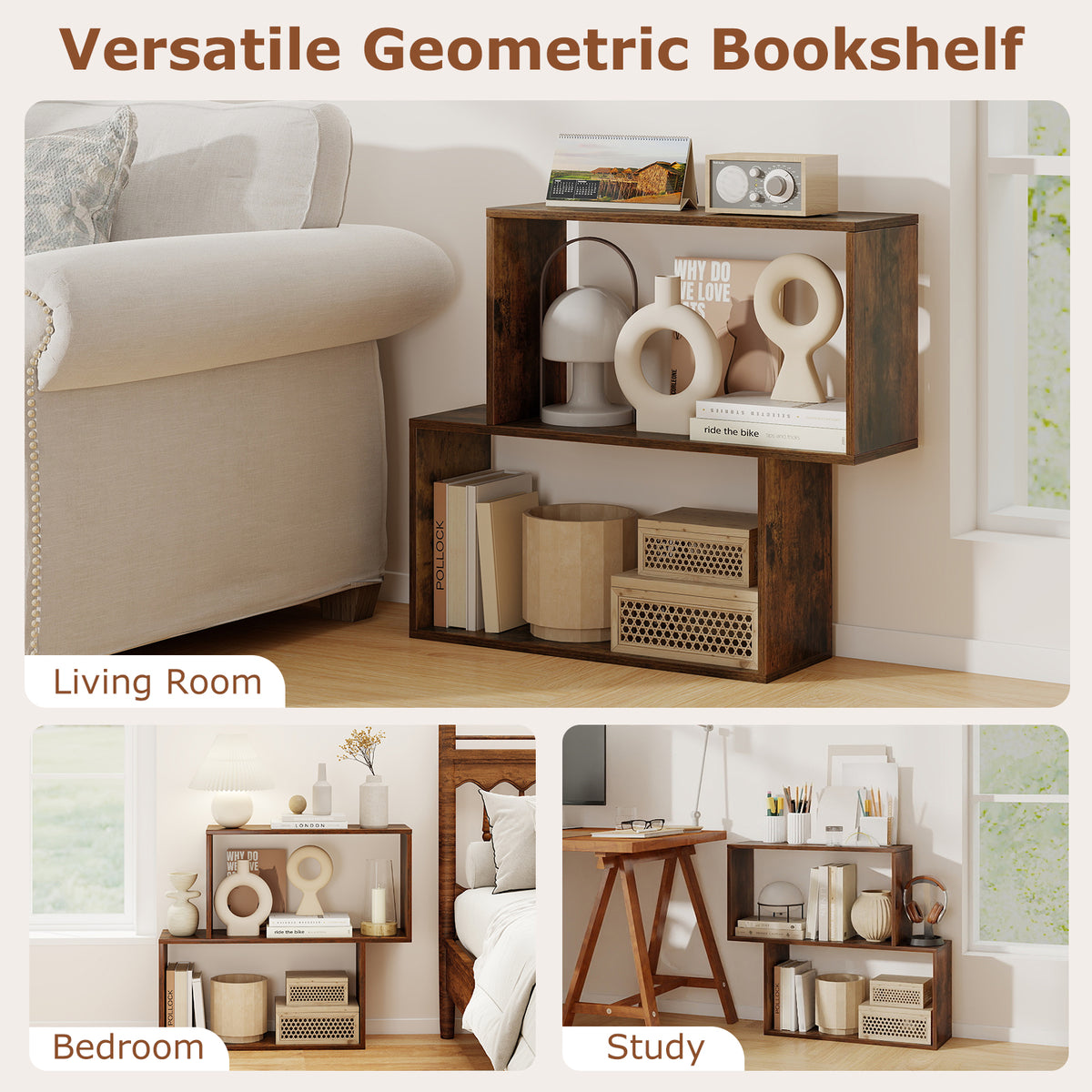 3-Tier Geometric Wooden Bookshelf - Brown