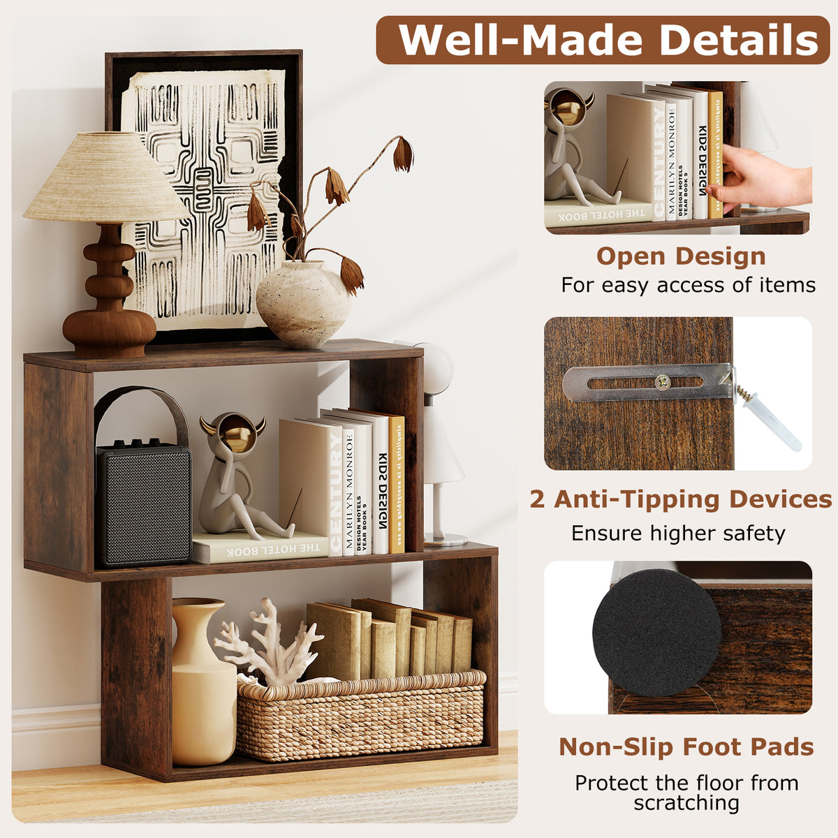 3-Tier Geometric Wooden Bookshelf - Brown