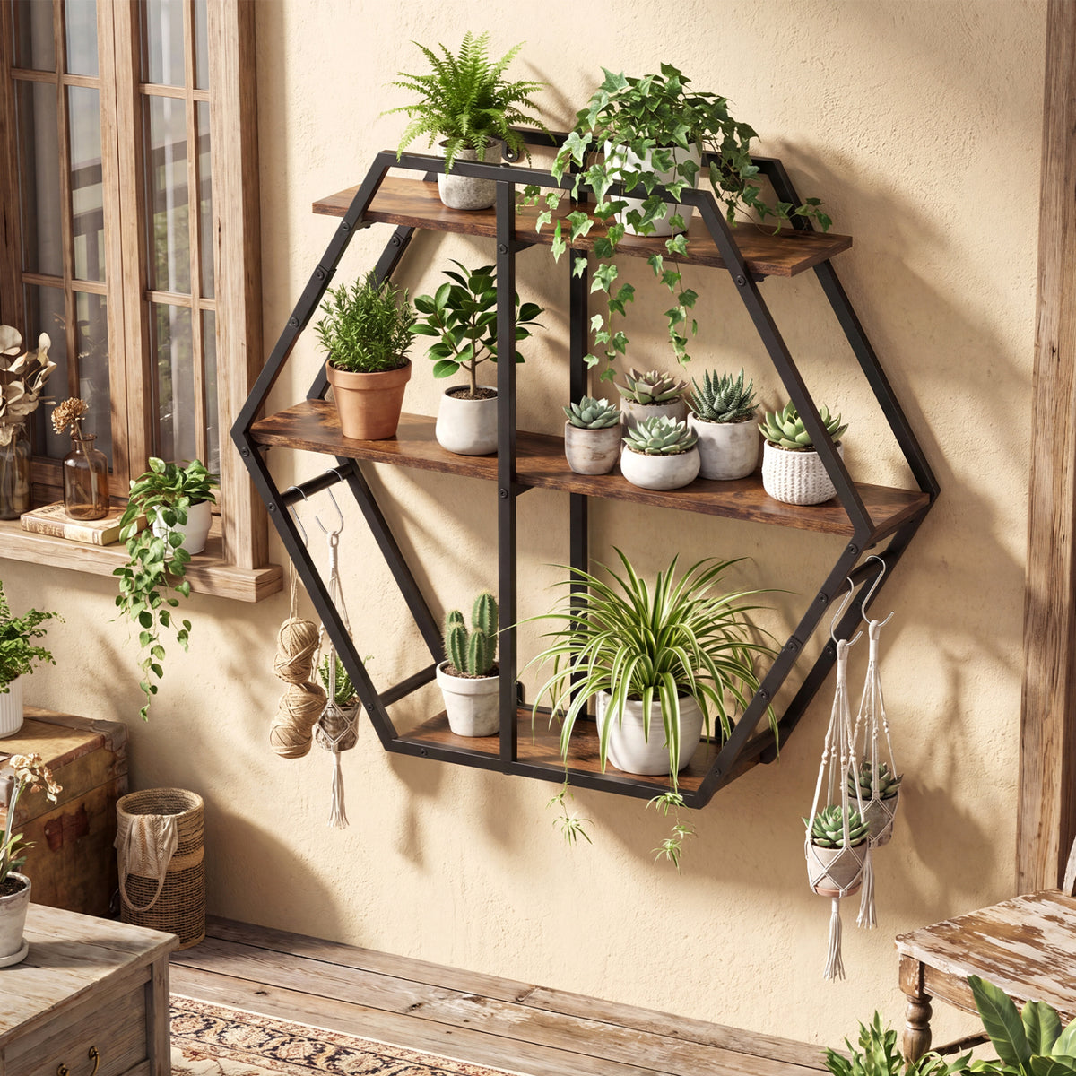3-Tier Geometric Bookcase with Hooks - Rustic Brown