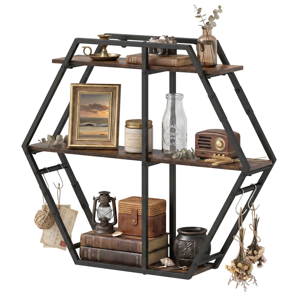 3-Tier Geometric Bookcase with Hooks - Rustic Brown