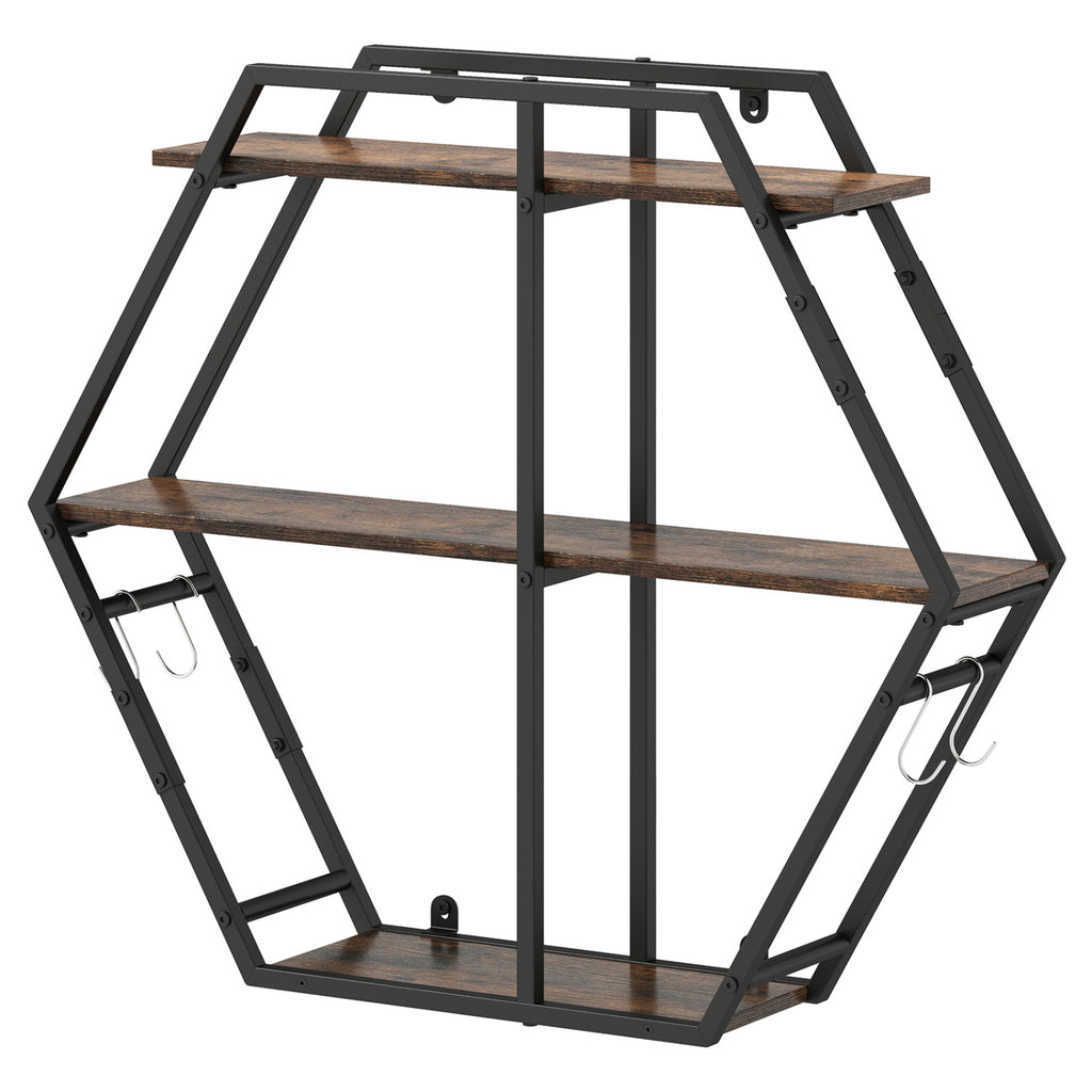 3-Tier Geometric Bookcase with Hooks - Rustic Brown