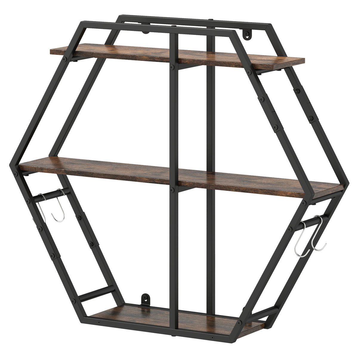 3-Tier Geometric Bookcase with Hooks - Rustic Brown