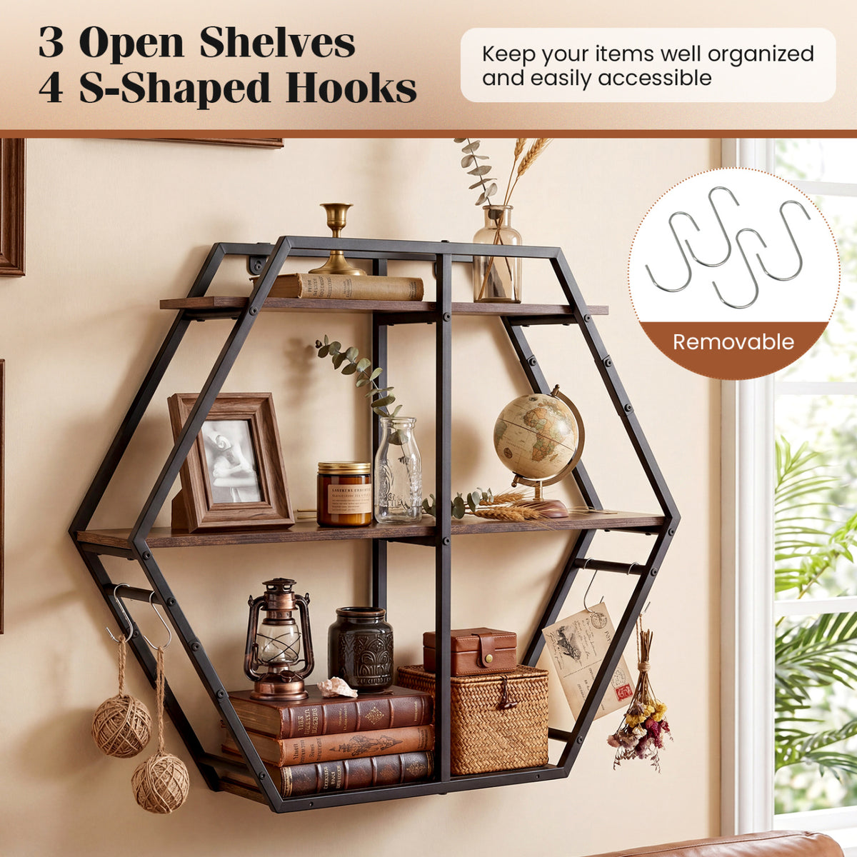 3-Tier Geometric Bookcase with Hooks - Rustic Brown