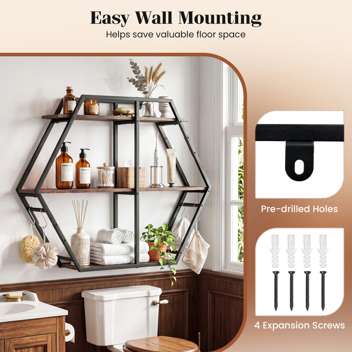 3-Tier Geometric Bookcase with Hooks - Rustic Brown