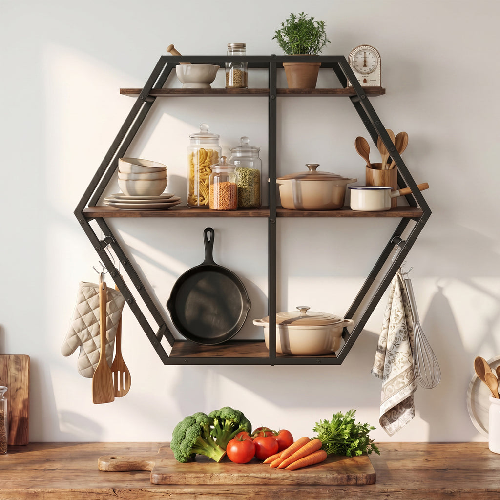 3-Tier Geometric Bookcase with Hooks - Rustic Brown