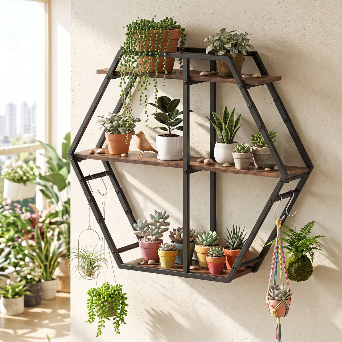 3-Tier Geometric Bookcase with Hooks - Rustic Brown