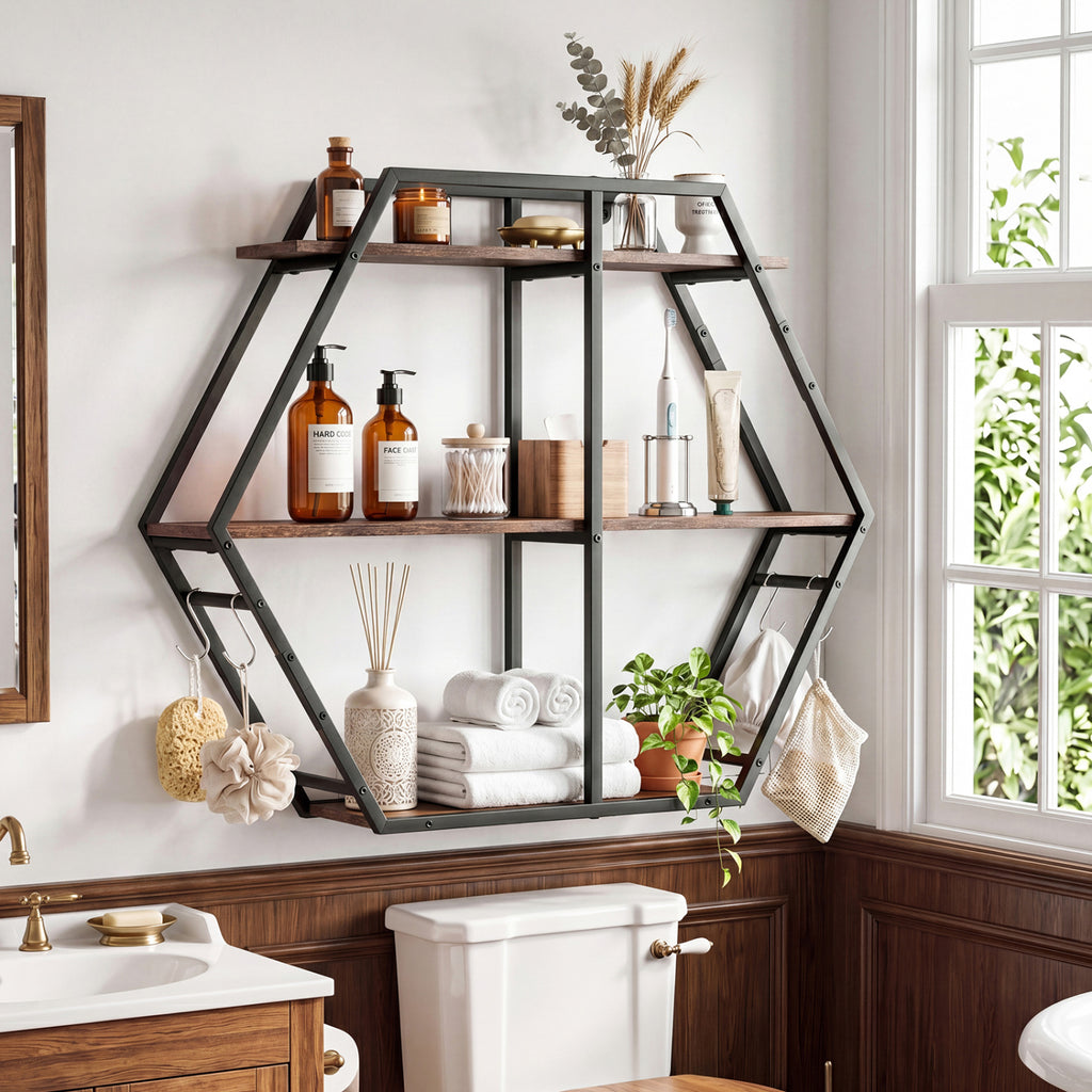 3-Tier Geometric Bookcase with Hooks - Rustic Brown