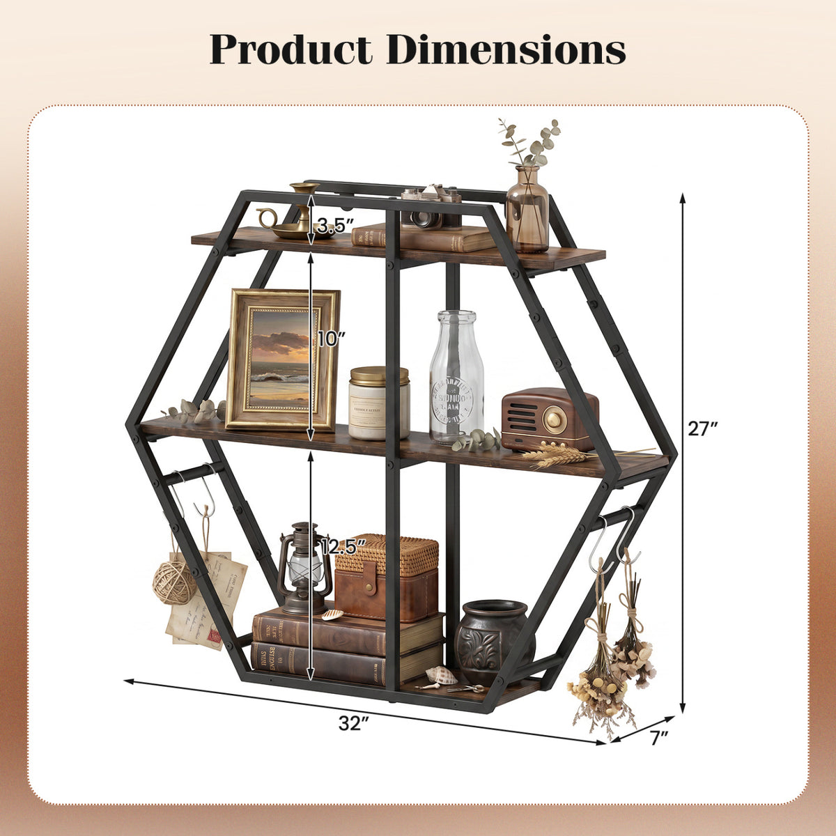 3-Tier Geometric Bookcase with Hooks - Rustic Brown