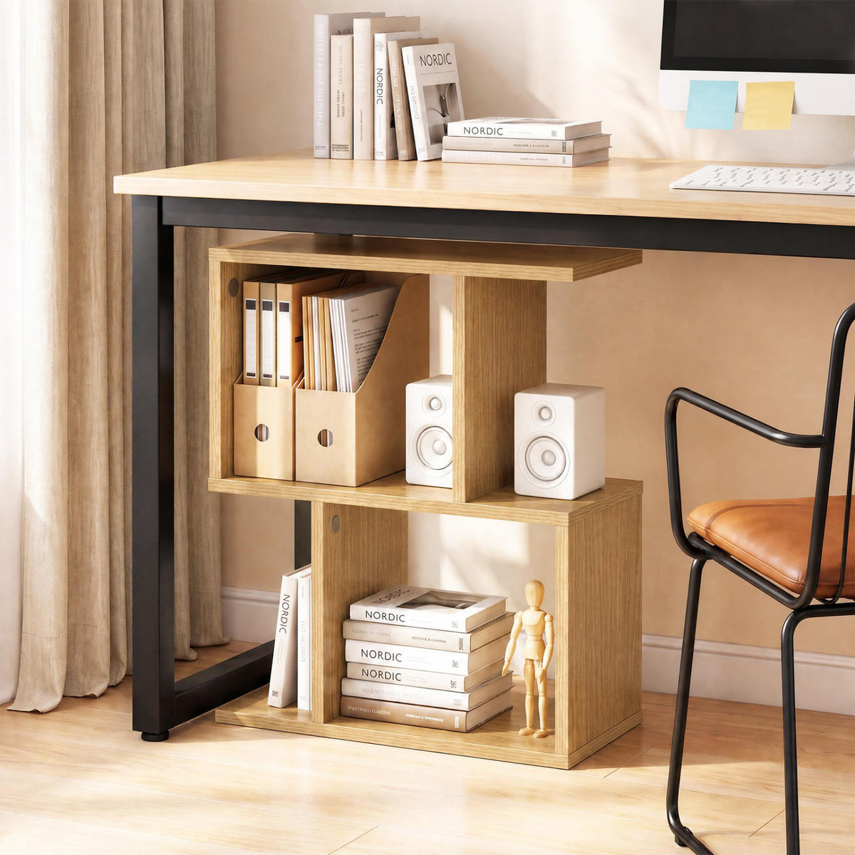 3-Tier Geometric Bookshelf Freestanding Display Shelf Set of 2, Brown
