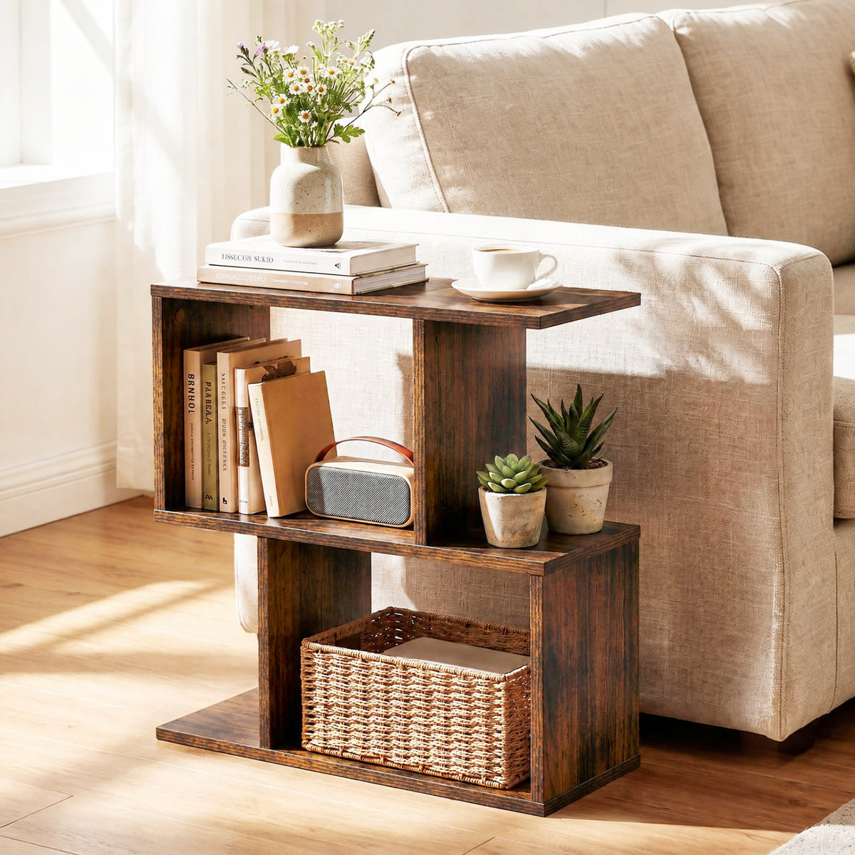 3-Tier Geometric Bookshelf Freestanding Display Shelf Set of 2, Brown
