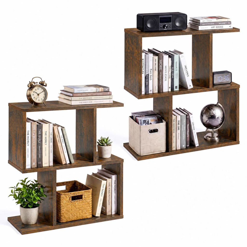3-Tier Geometric Bookshelf Freestanding Display Shelf Set of 2, Brown
