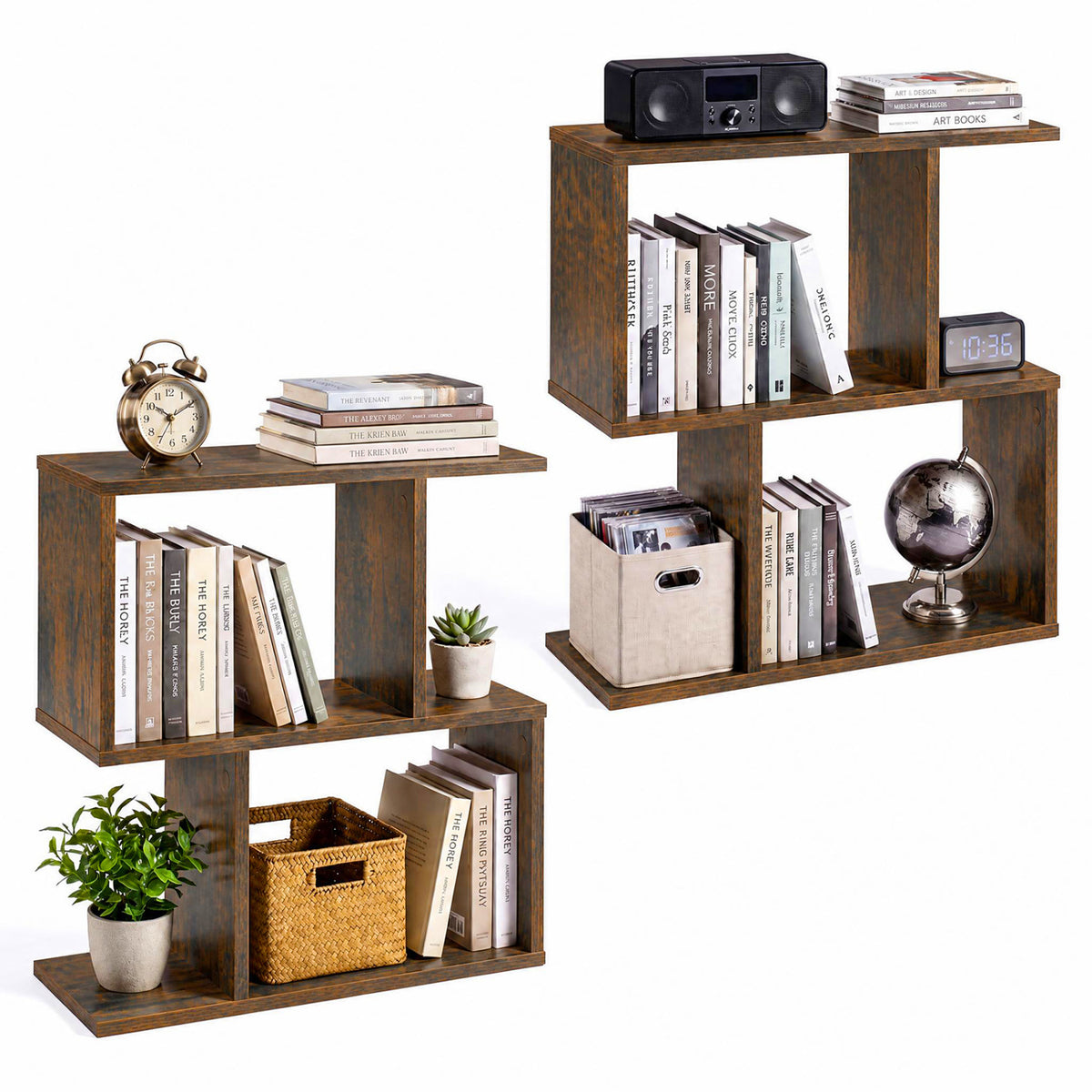 3-Tier Geometric Bookshelf Freestanding Display Shelf Set of 2, Brown