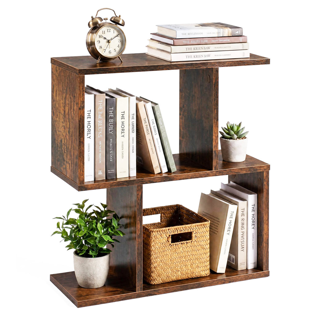 3-Tier Geometric Bookshelf Freestanding Display Shelf Set of 2, Brown