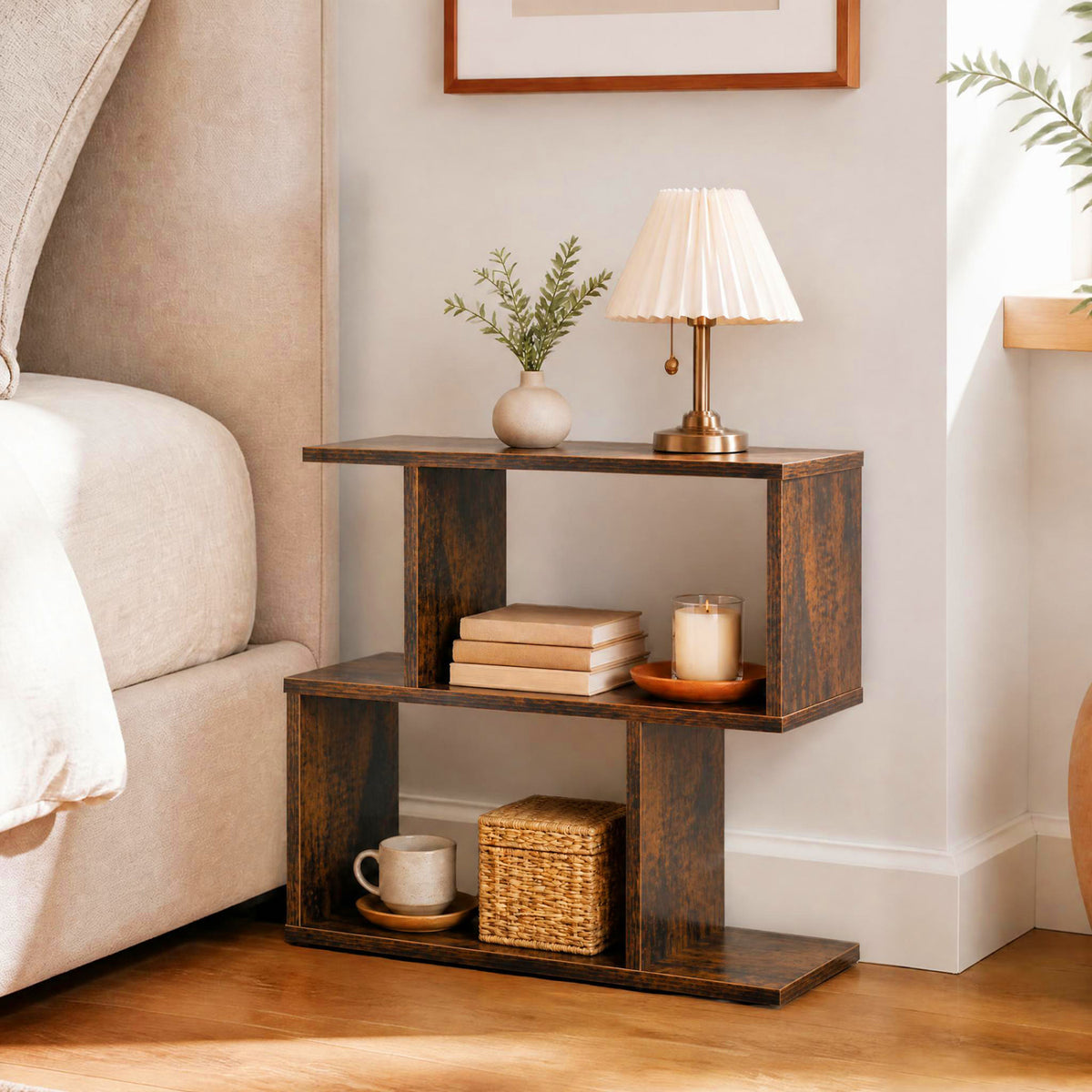 3-Tier Geometric Bookshelf Freestanding Display Shelf Set of 2, Brown
