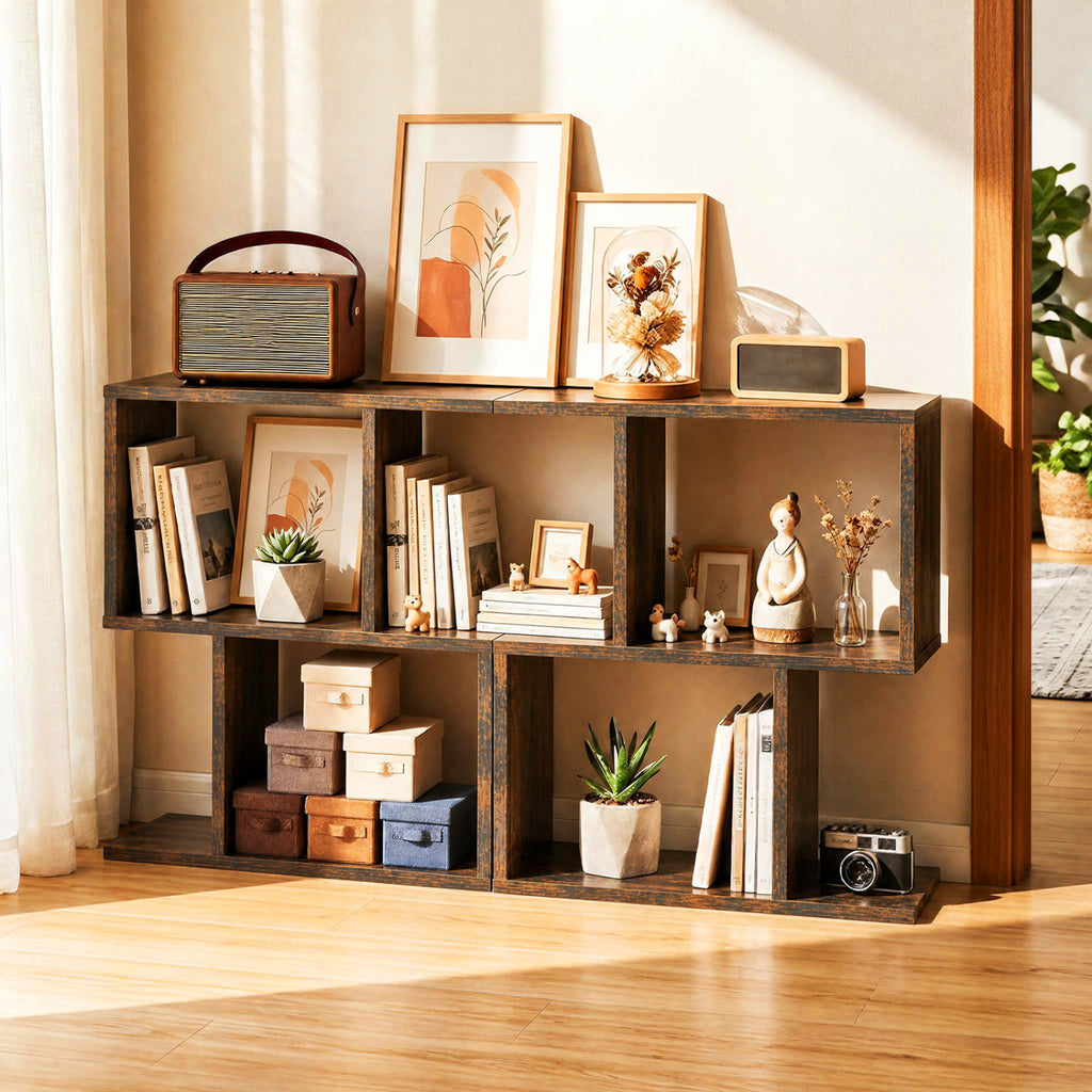 3-Tier Geometric Bookshelf Freestanding Display Shelf Set of 2, Brown