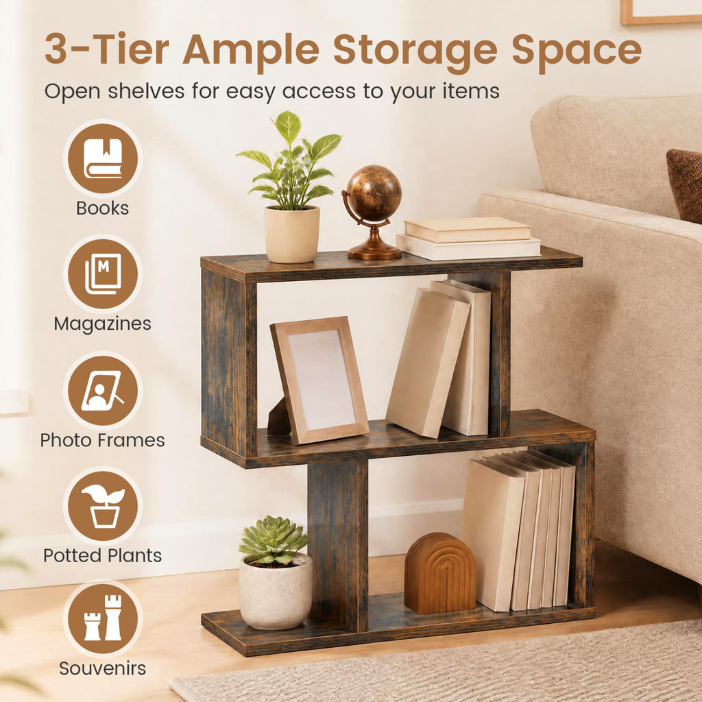 3-Tier Geometric Bookshelf Freestanding Display Shelf Set of 2, Brown