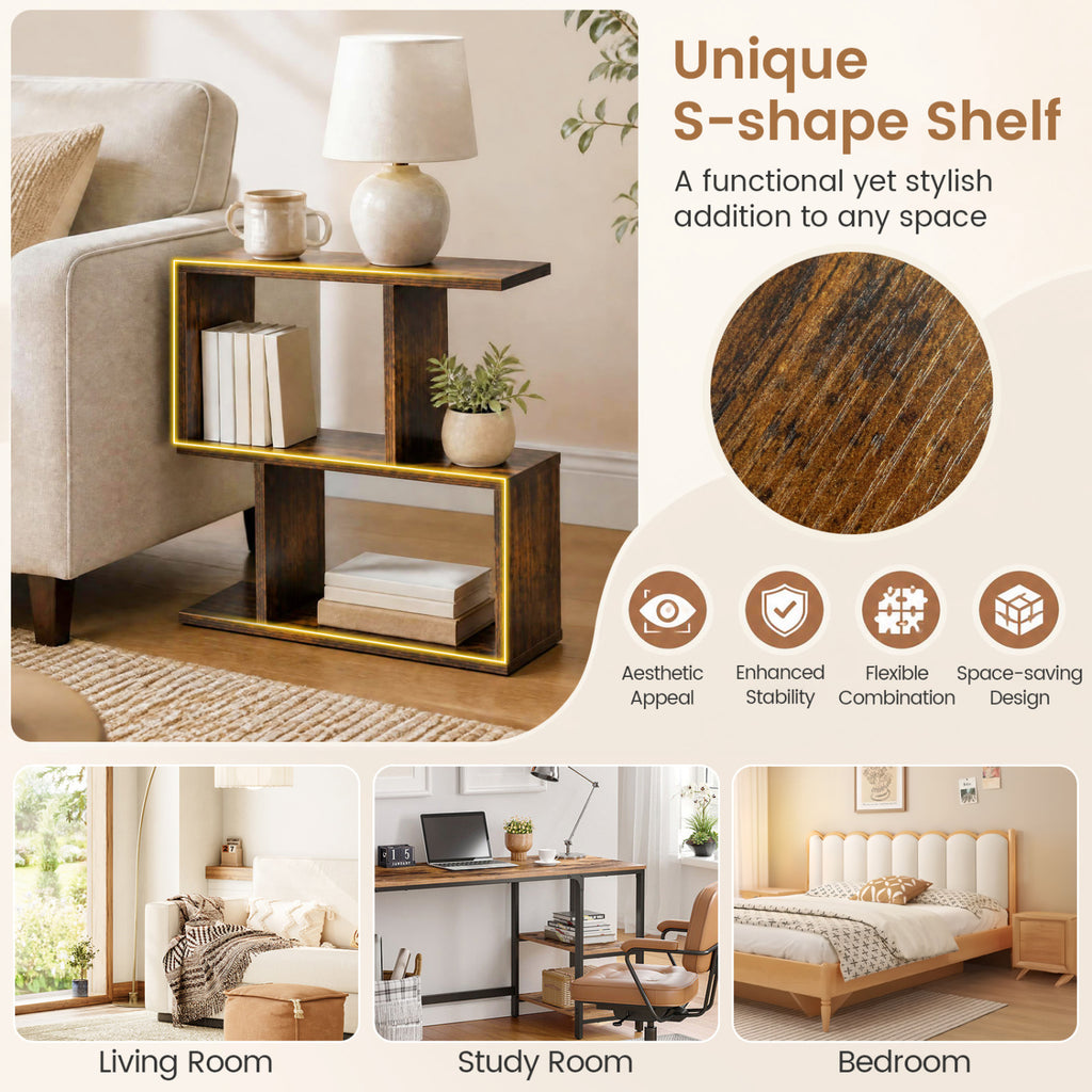 3-Tier Geometric Bookshelf Freestanding Display Shelf Set of 2, Brown