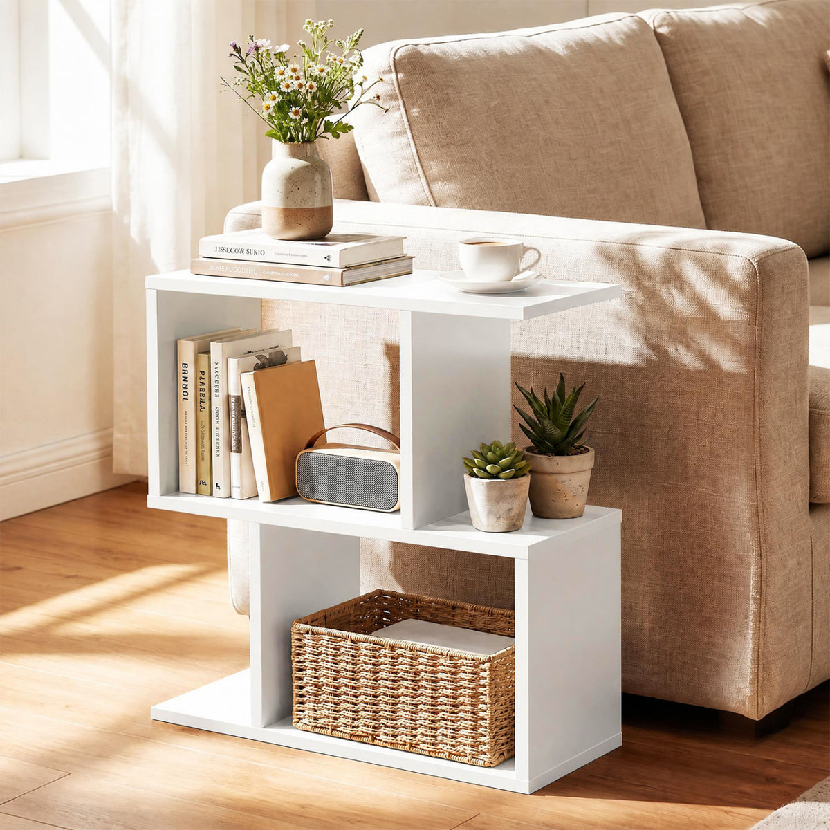 3-Tier Geometric Bookshelf Freestanding Display Shelf Side Table Set