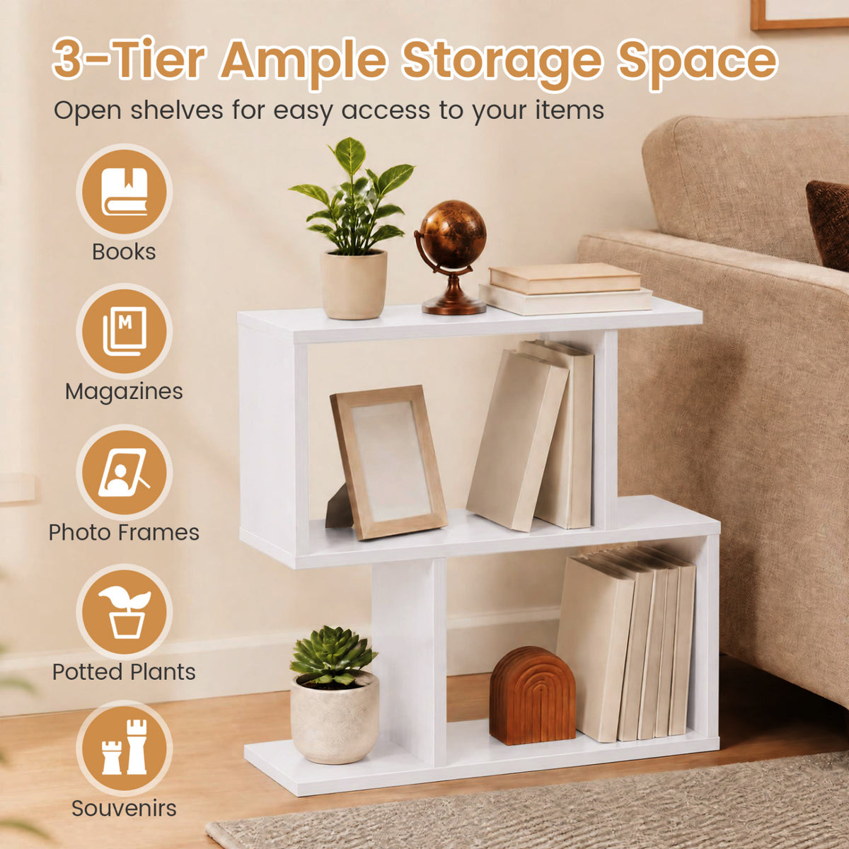 3-Tier Geometric Bookshelf Freestanding Display Shelf Side Table Set