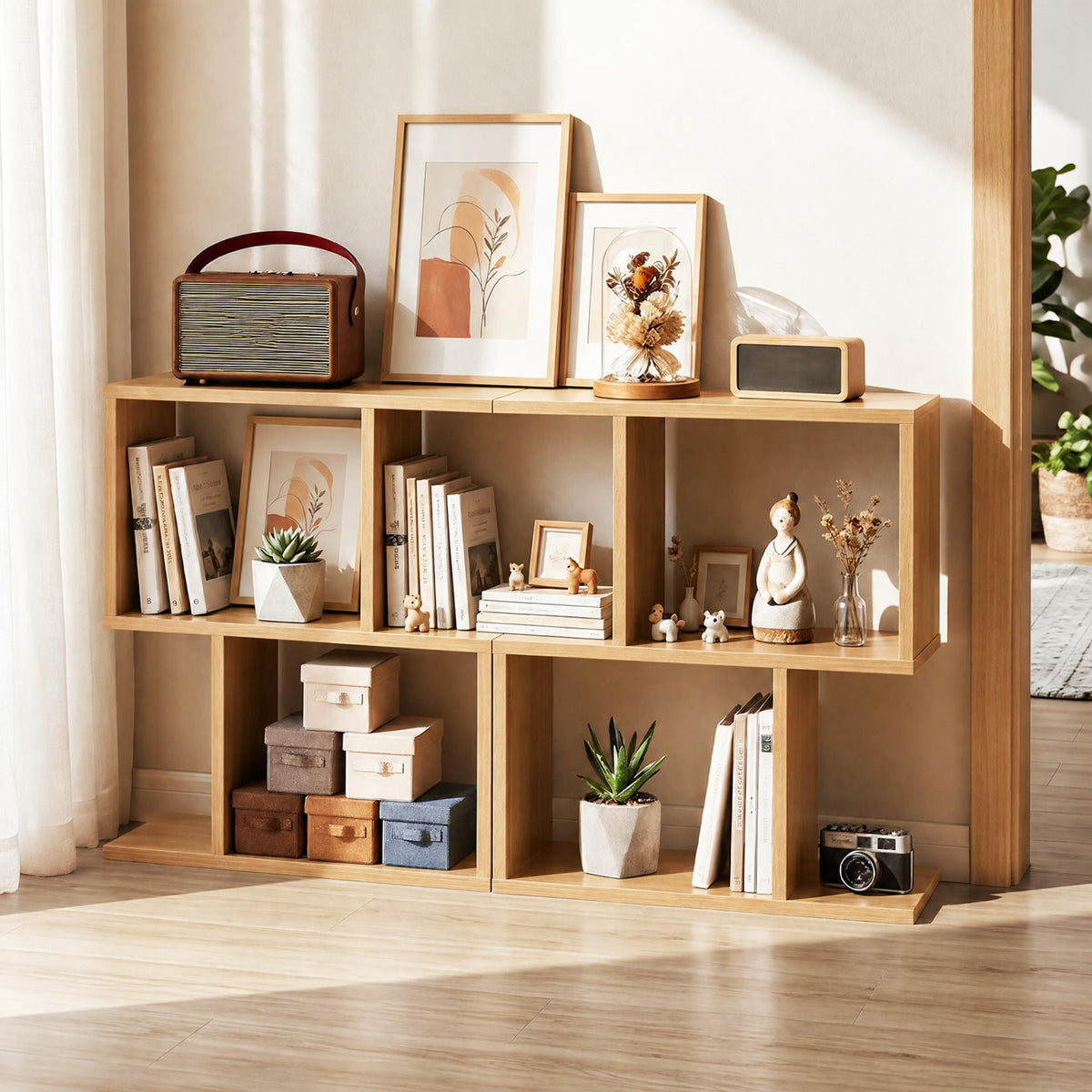 3-Tier Geometric Bookshelf Display Shelf Set of 2, Natural