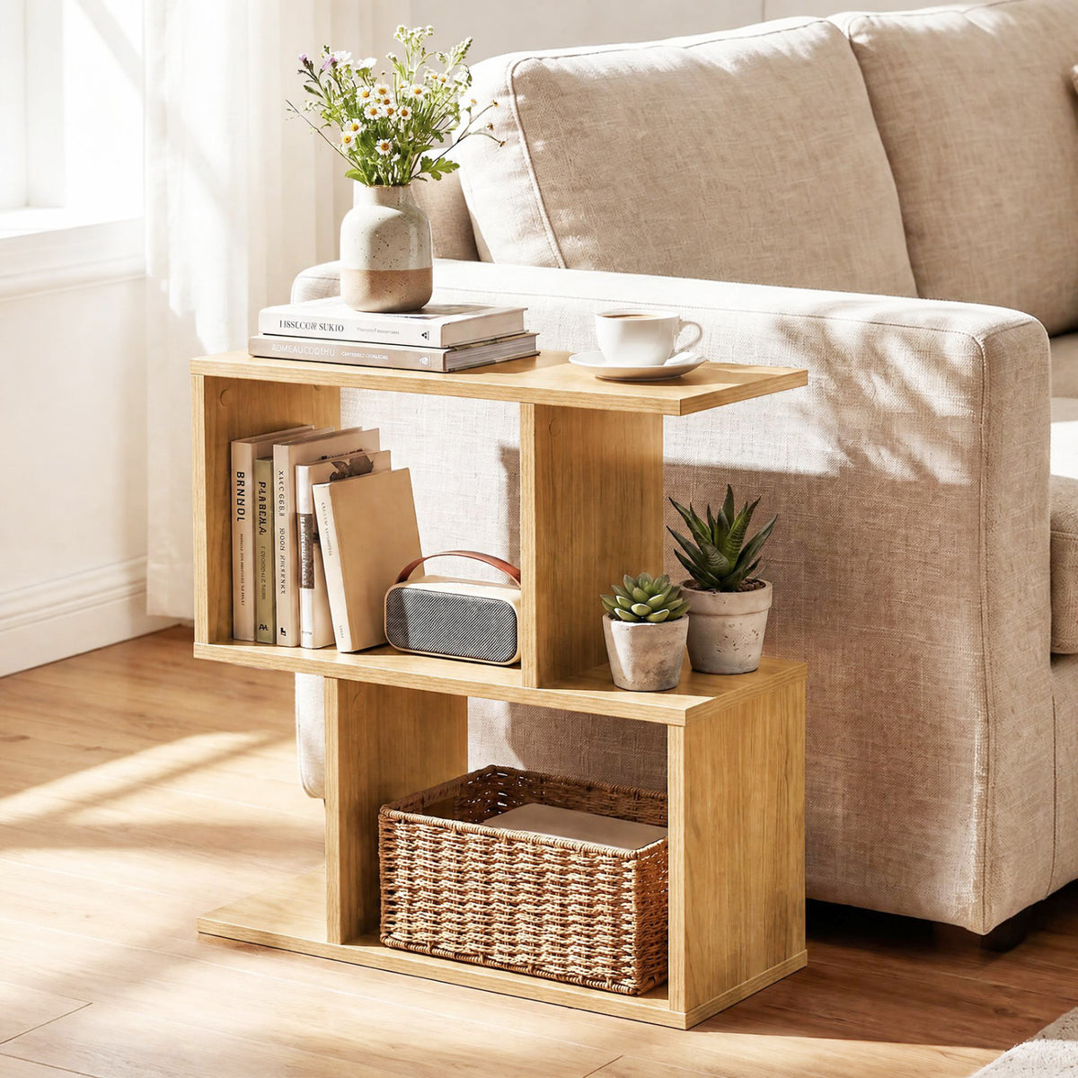 3-Tier Geometric Bookshelf Display Shelf Set of 2, Natural