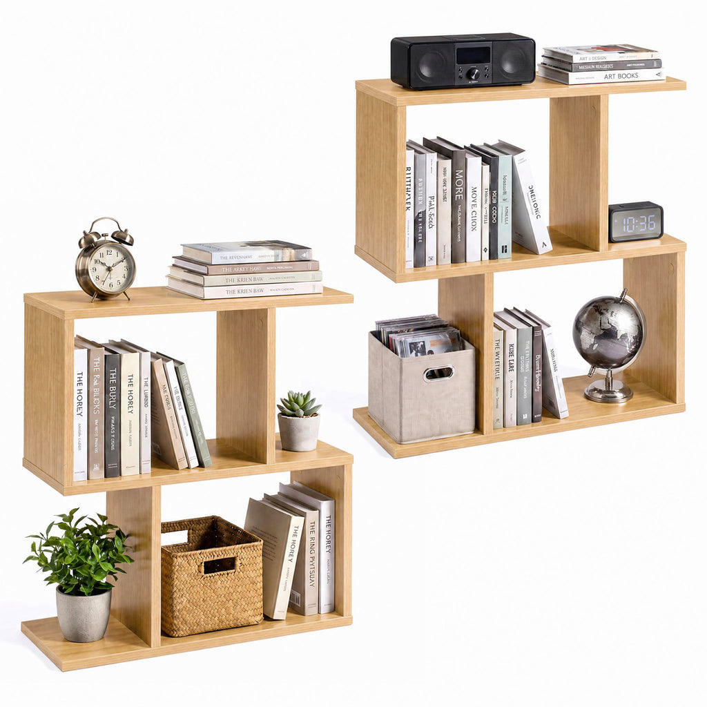 3-Tier Geometric Bookshelf Display Shelf Set of 2, Natural