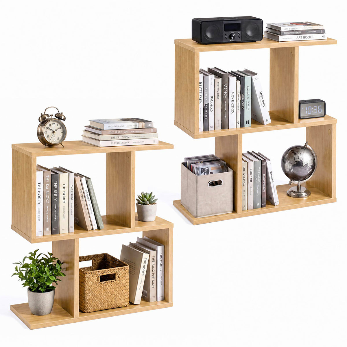3-Tier Geometric Bookshelf Display Shelf Set of 2, Natural