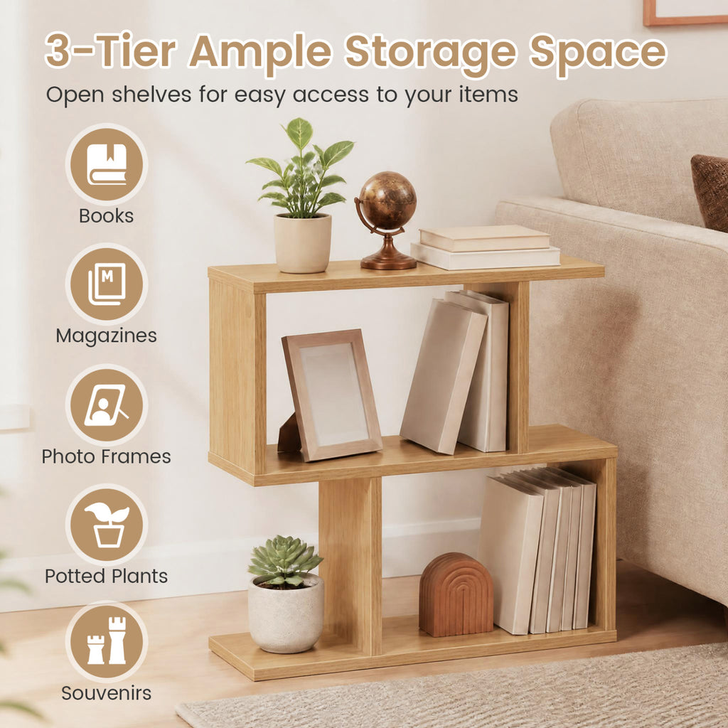 3-Tier Geometric Bookshelf Display Shelf Set of 2, Natural