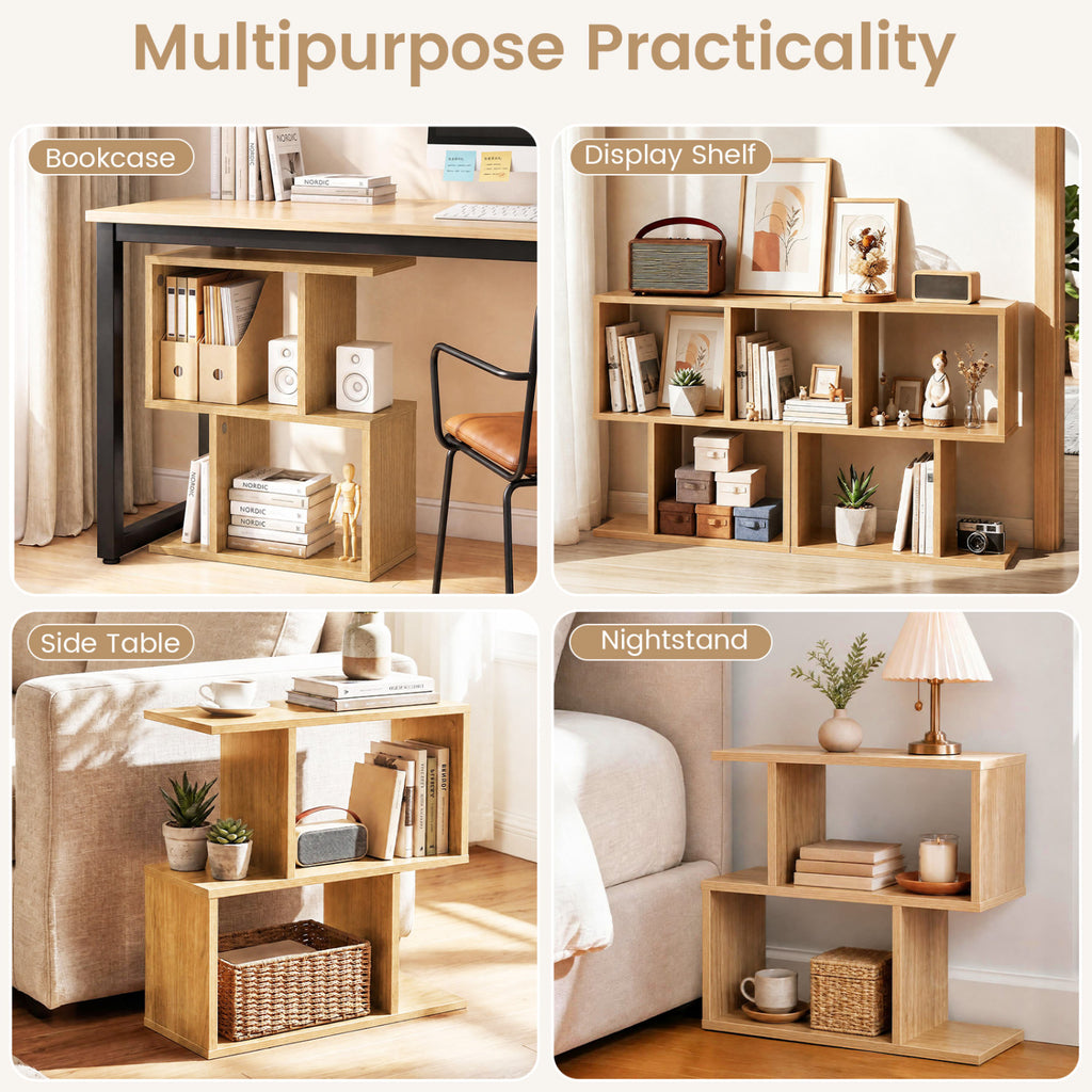 3-Tier Geometric Bookshelf Display Shelf Set of 2, Natural