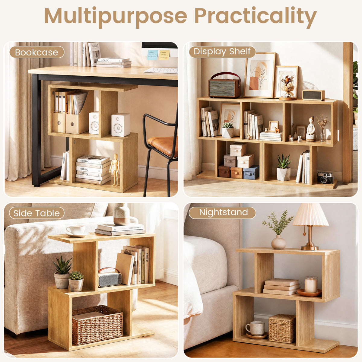3-Tier Geometric Bookshelf Display Shelf Set of 2, Natural