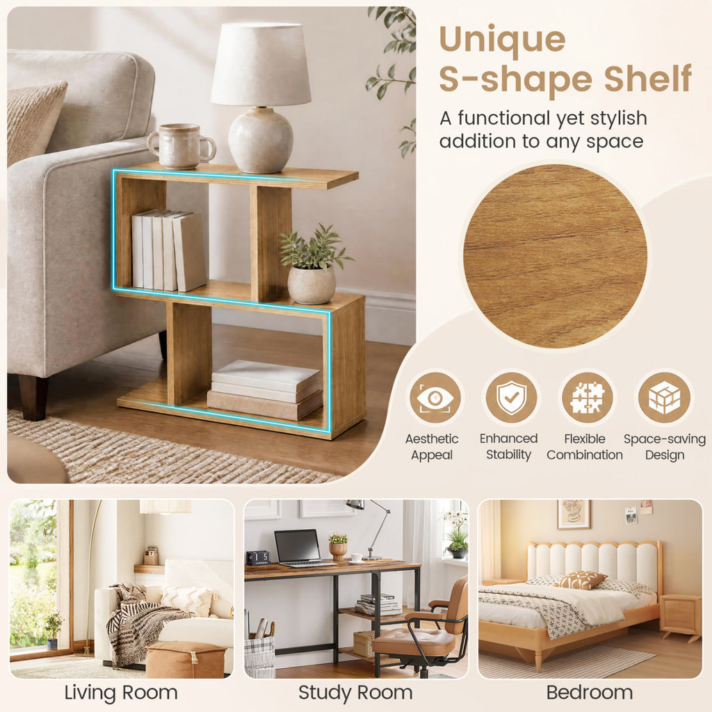 3-Tier Geometric Bookshelf Display Shelf Set of 2, Natural