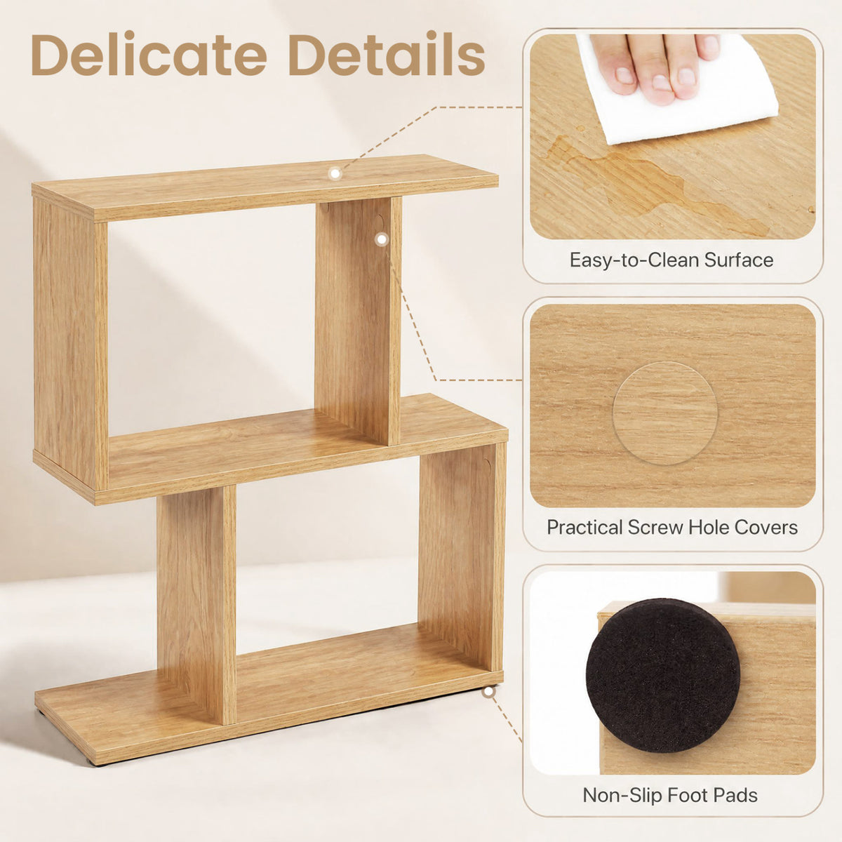 3-Tier Geometric Bookshelf Display Shelf Set of 2, Natural
